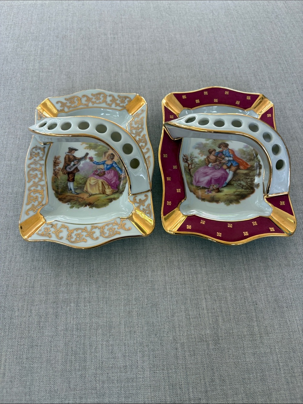 Vintage Limoges France Porcelain Cigar Ashtrays Set of 2 Gold Gilt Romantic
